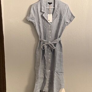 Quince 100% European Linen Button Front Dress NWT Small Blue Pinstripe